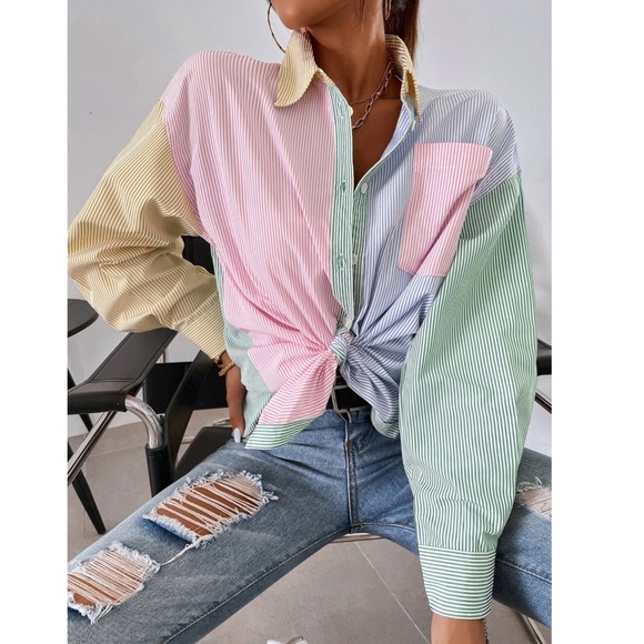 Rouge! Tops - Multicolor Striped Casual Oversized Button Down Shirt Blue, Green, Yellow, Pink